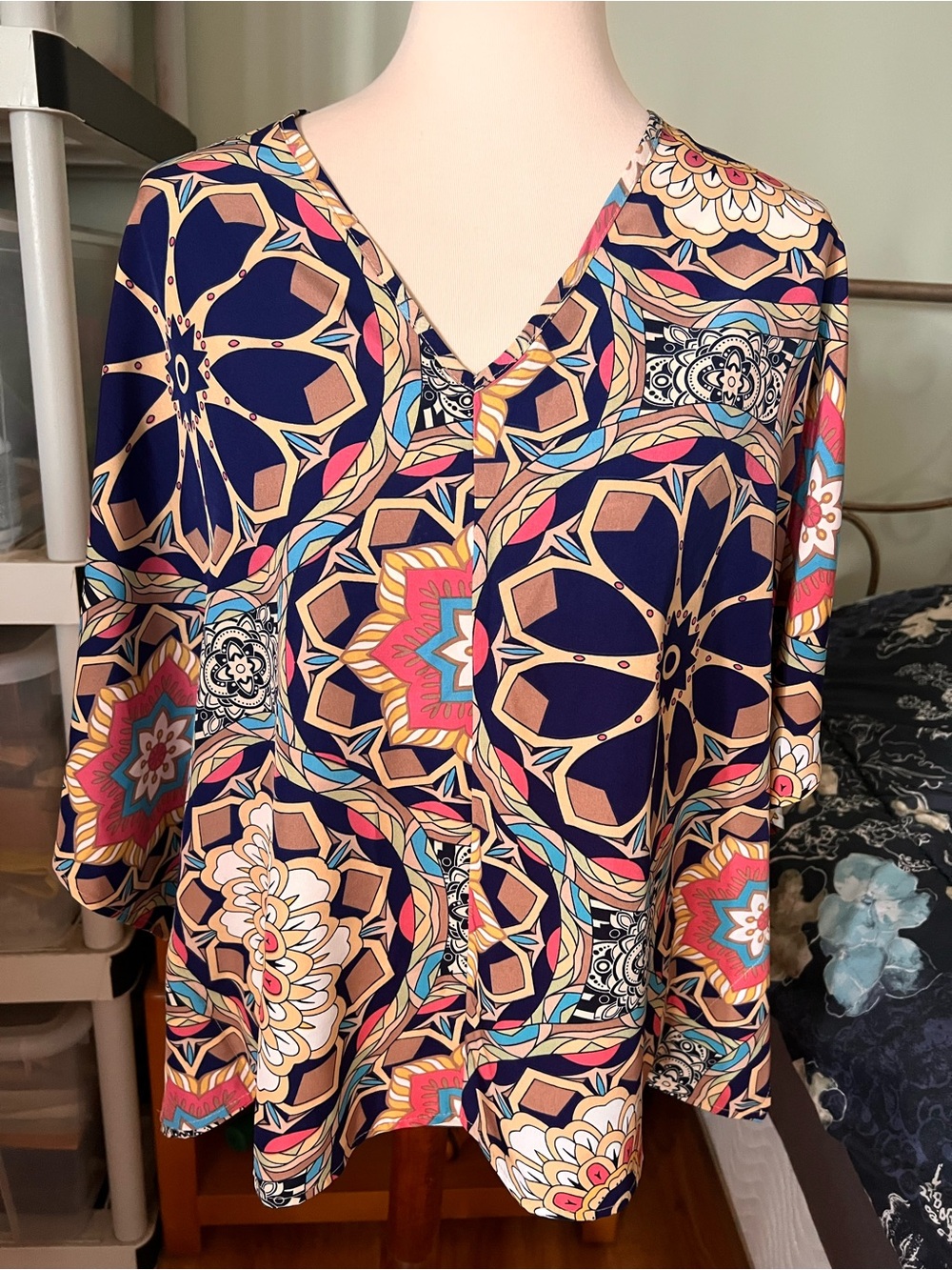 Shein Navy Multicolor Geometric V-Neck Women's Blouse